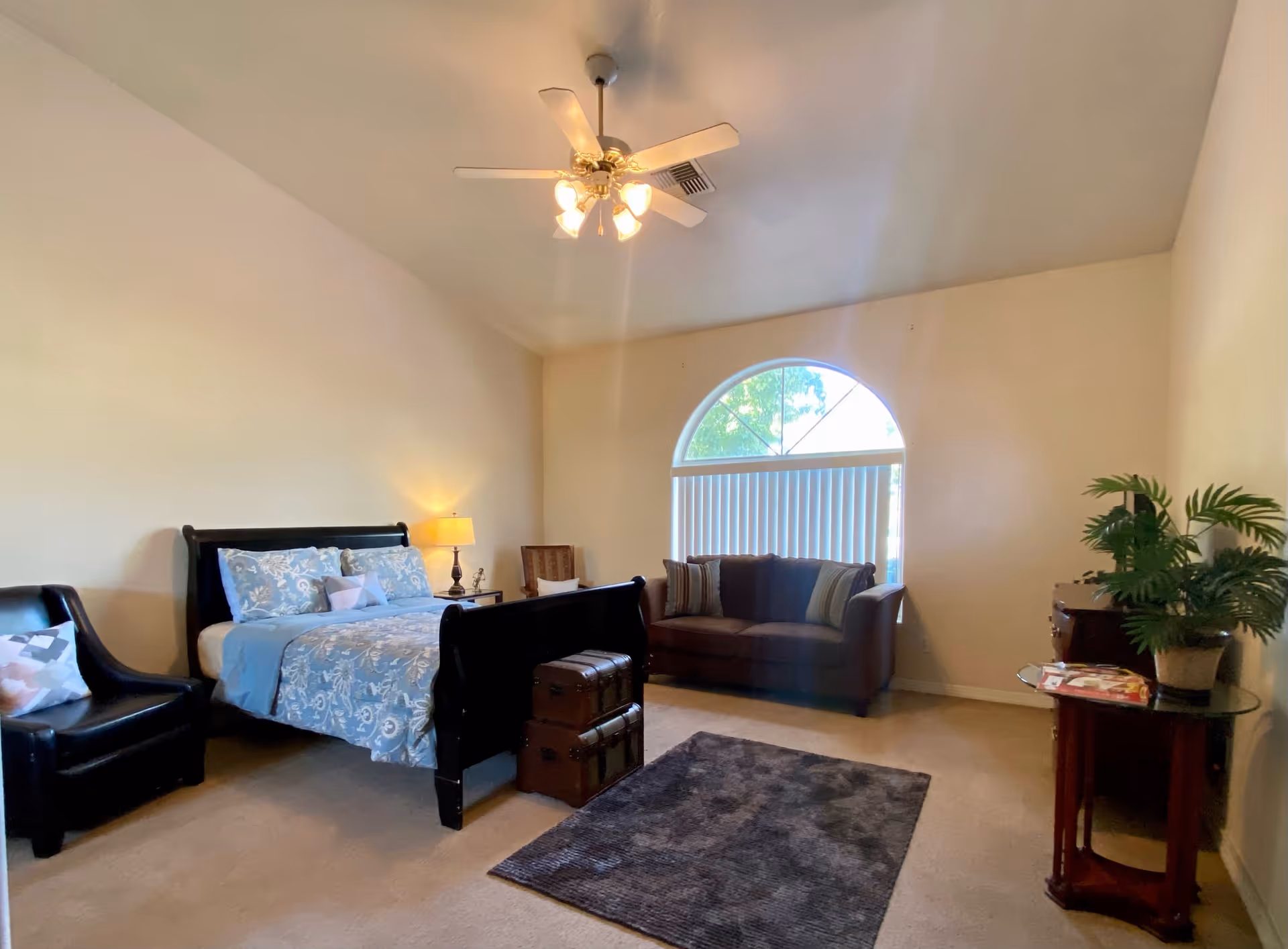 A spacious bedroom with a bed featuring blue and white patterned bedding, a black leather chair with a decorative pillow, a small wooden chair, and a brown sofa with striped cushions. There is a ceiling fan with lights, a large arched window with vertical blinds, a dark rug on the carpeted floor, and a round glass table with a potted plant and magazines.