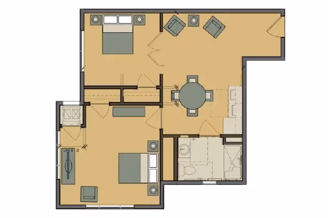 Top-down colored floor plan showing two bedrooms, a living/dining area, kitchen and bathroom.
