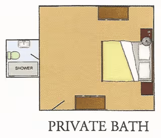 Floor plan of a private bath room layout showing a bedroom area with a bed, two dressers, and a private bathroom with a toilet, sink, and shower.