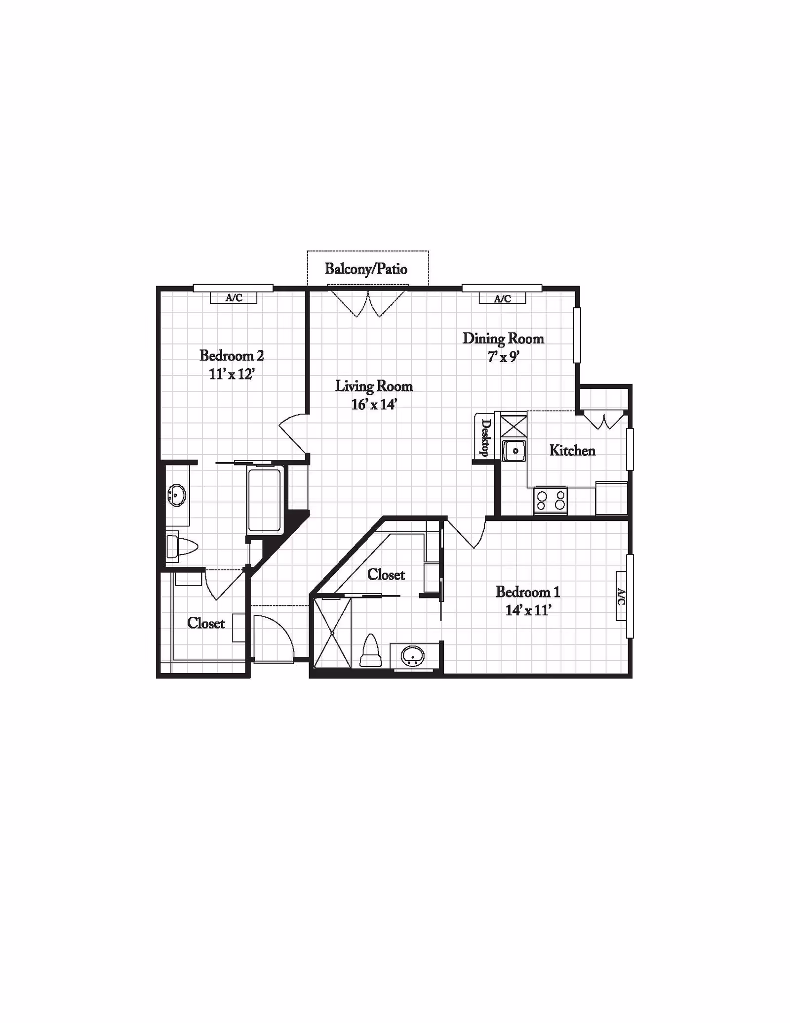Architectural floor plan of a two-bedroom apartment featuring a living room, dining room, kitchen, two bathrooms, closets, and a balcony/patio.