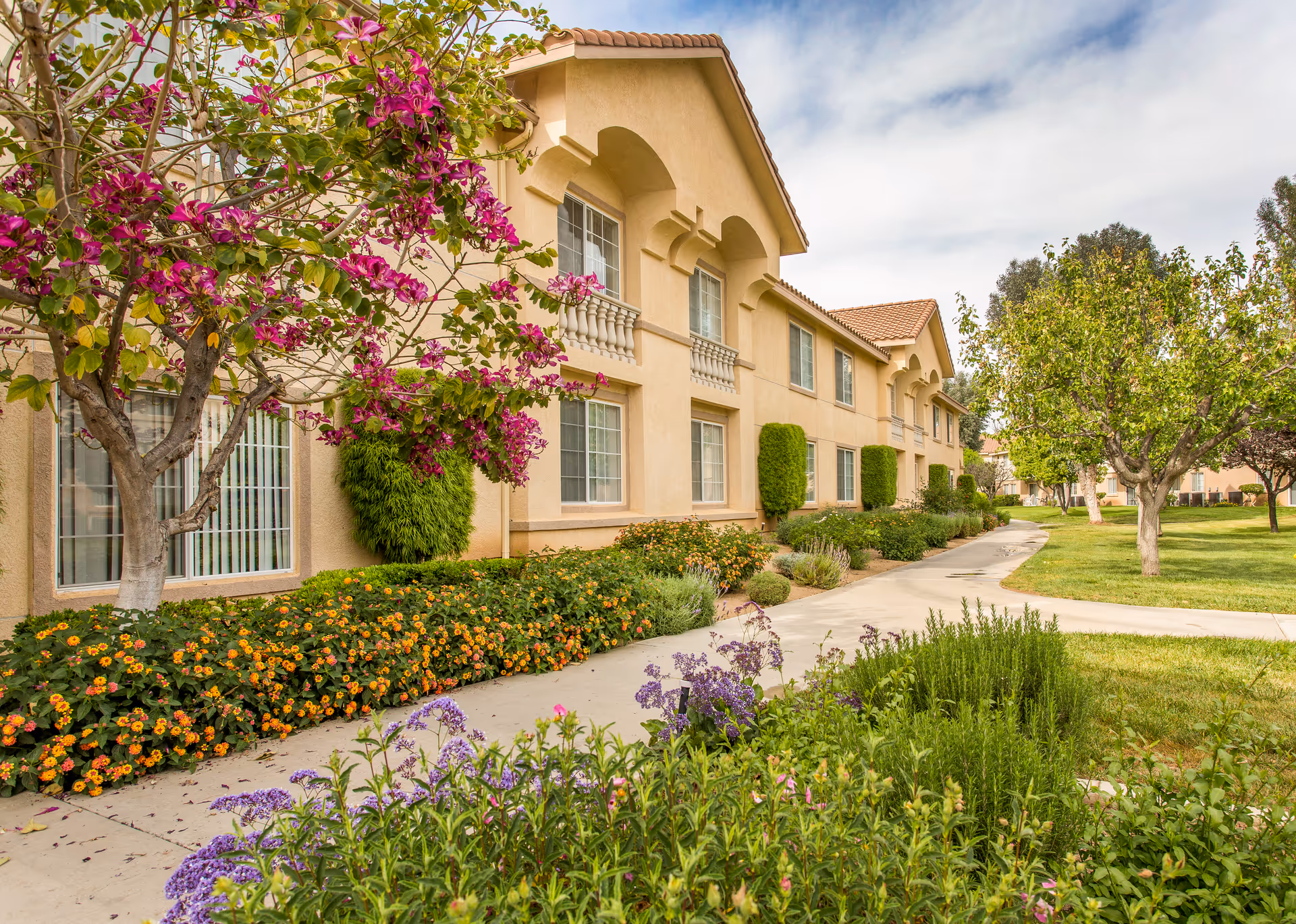 Exterior of a two-story senior living building with a landscaped walkway, flowering trees, and shrubs.