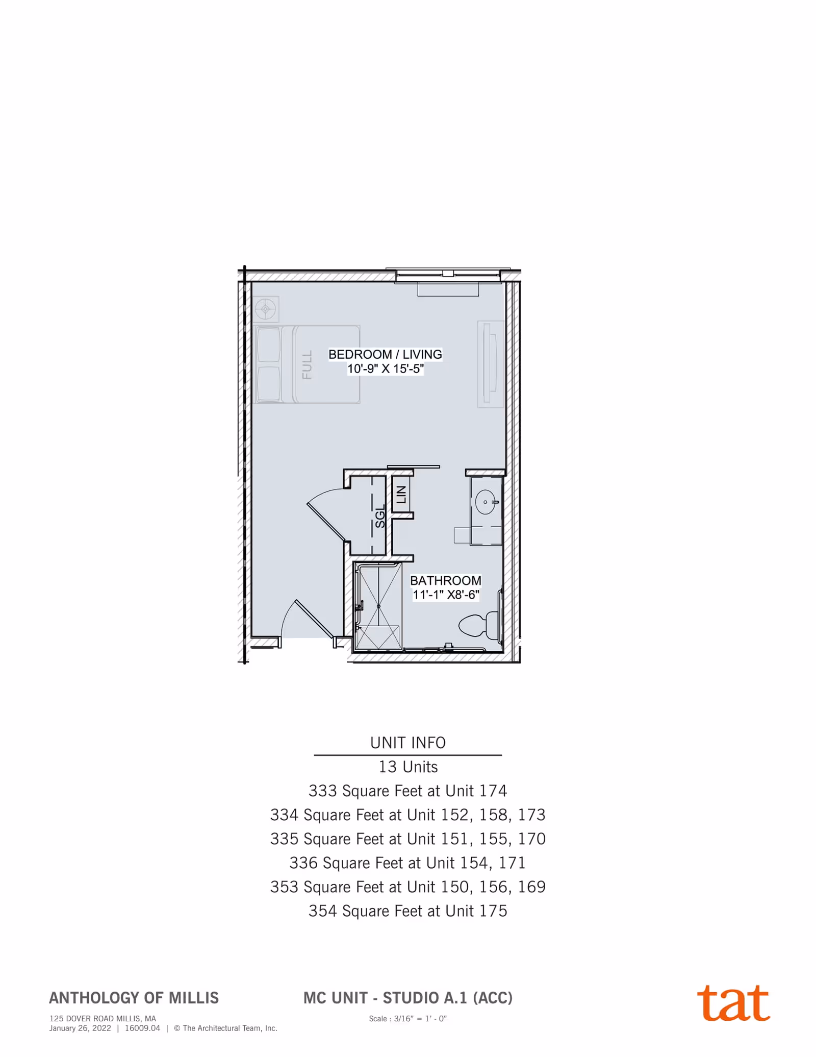 Architectural floor plan of a studio unit labeled MC UNIT - STUDIO A.1 (ACC) showing a combined bedroom and living area measuring 10 feet 9 inches by 15 feet 5 inches, a bathroom measuring 11 feet 1 inch by 8 feet 6 inches, a closet, and a linen storage area. The plan includes unit info listing 13 units with varying square footage from 333 to 354 square feet. The plan is from Anthology of Millis and designed by The Architectural Team, Inc.