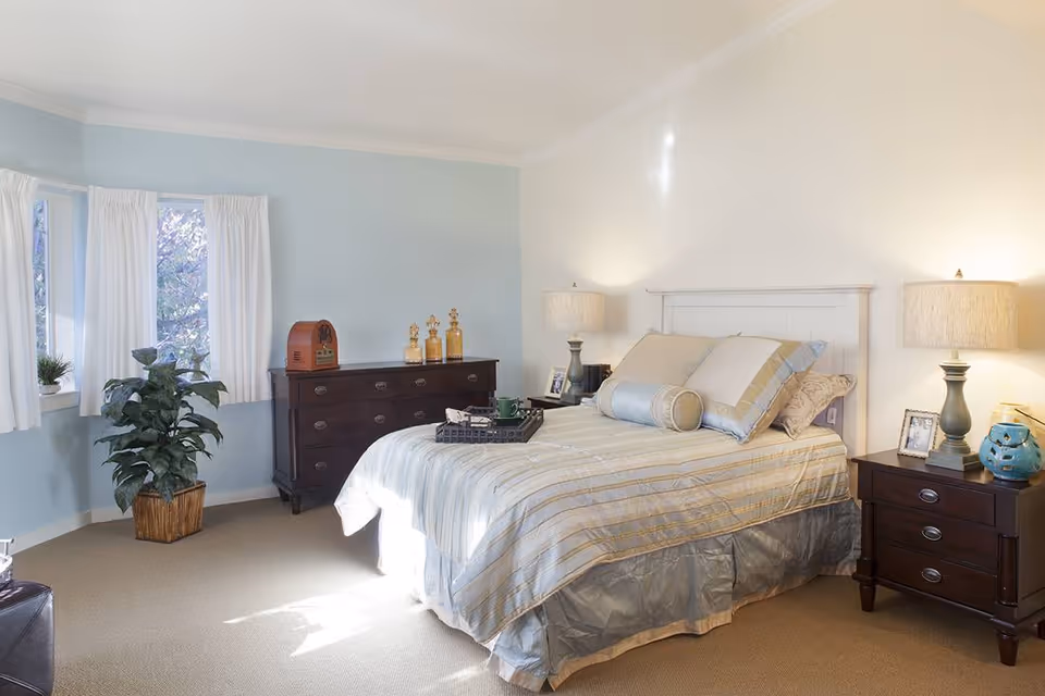 A bright bedroom with a large bed featuring striped bedding and multiple pillows. There are two dark wooden nightstands on either side of the bed, each with a lamp and decorative items. A dark wooden dresser with decorative bottles and a vintage radio sits against a light blue wall. A large green plant is placed near a window with white curtains, allowing natural light to fill the room.