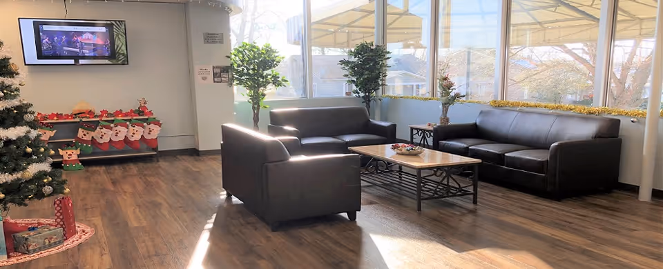 Sunlit common room with three dark leather sofas around a wooden coffee table, a decorated Christmas tree and a wall-mounted TV.