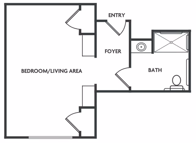 Floor plan of a living space at Emory Ridge showing an entry leading to a foyer, a combined bedroom and living area, and a bathroom with a sink, toilet, and shower.
