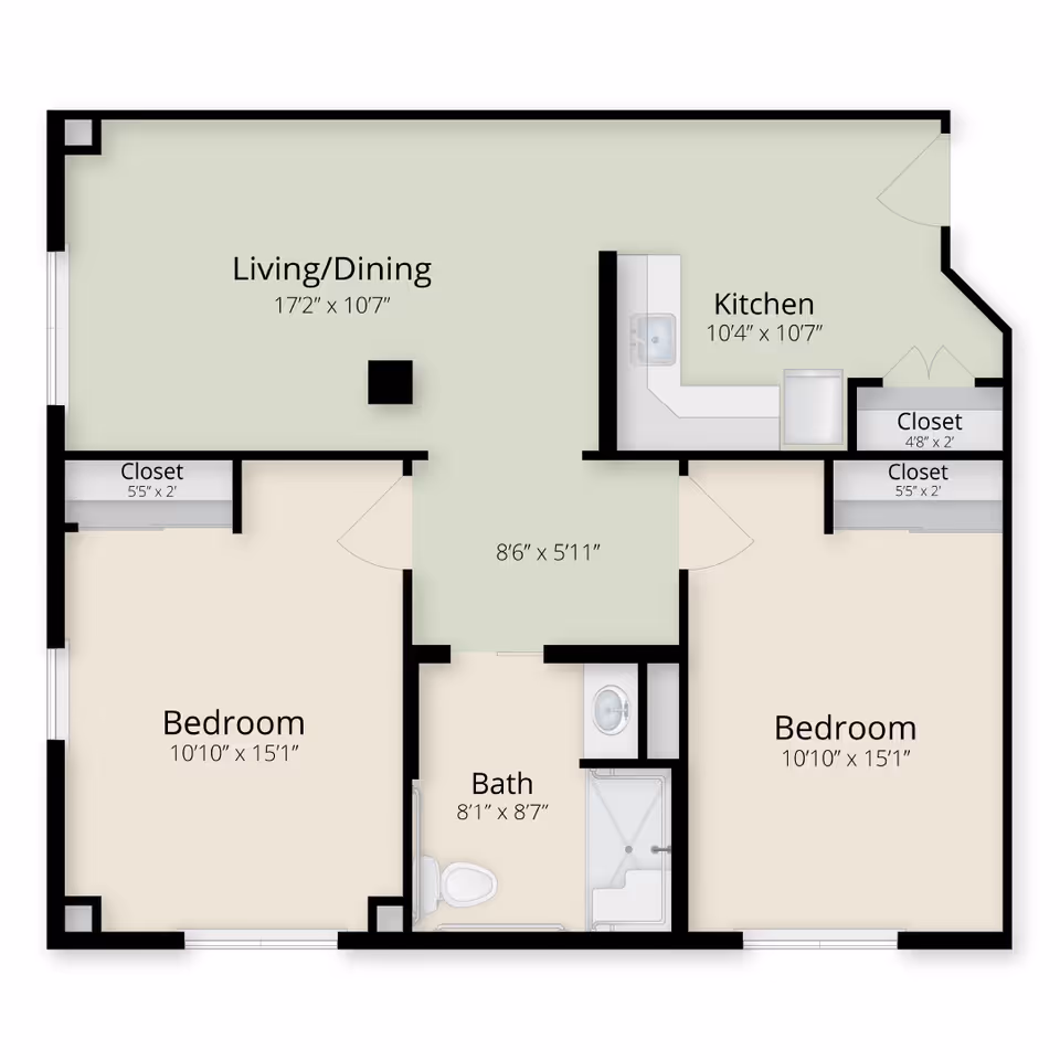 Floor plan of a two-bedroom apartment labeled with living/dining area, kitchen, bath, closets, and room dimensions.