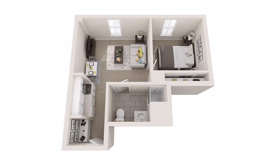 3D floor plan of a small apartment unit showing a bedroom with a bed and nightstands, a living room with a sofa, coffee table, and TV, a kitchen area with appliances and cabinets, and a bathroom with a toilet, sink, and shower.