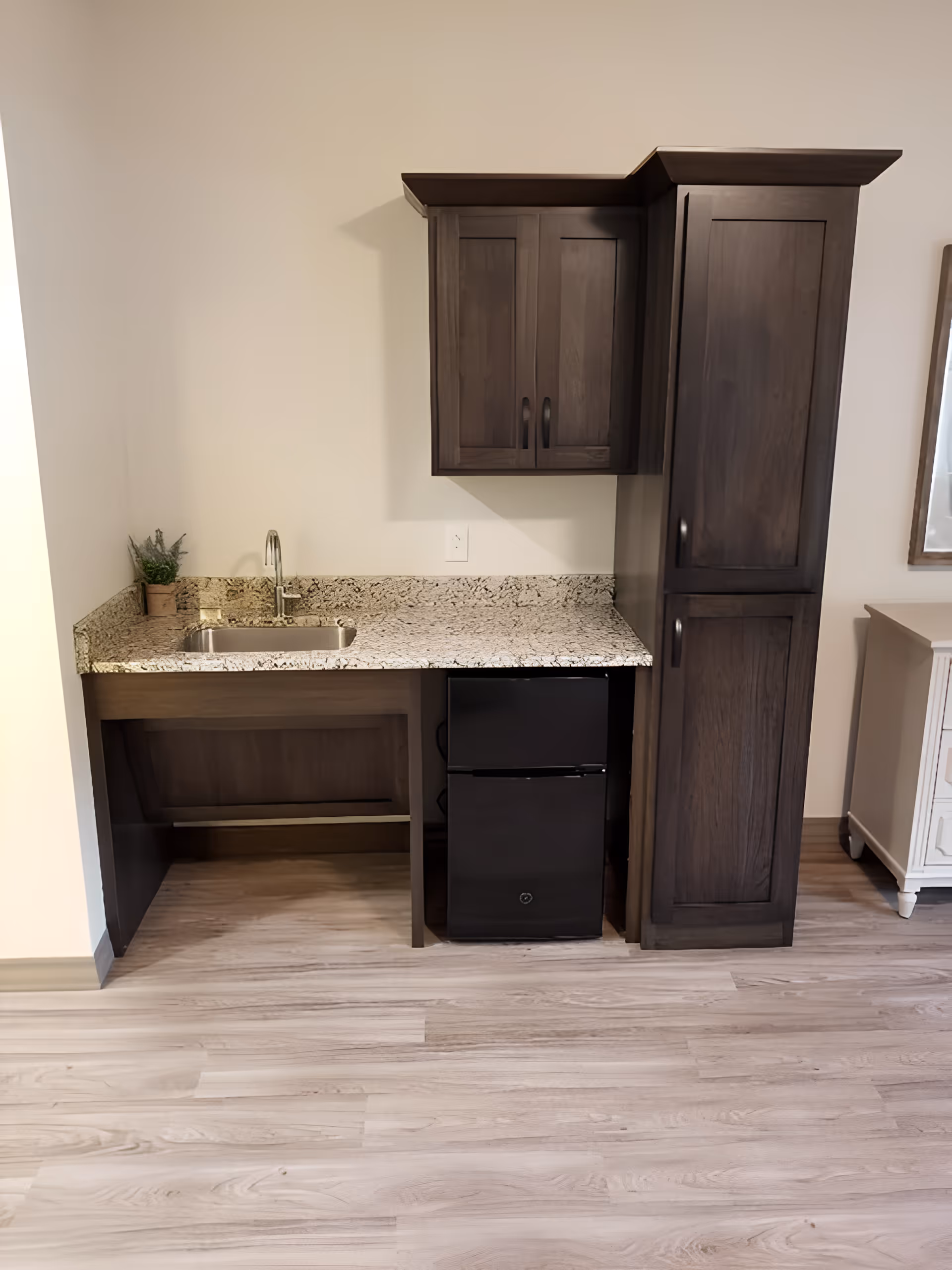 A small kitchenette area with dark wooden cabinets, a granite countertop, a stainless steel sink with a faucet, a small black refrigerator underneath the counter, and a small potted plant on the countertop. The floor is light wood, and there is a white wall in the background.
