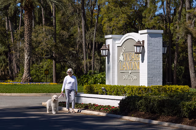 A person walking a dog beside a landscaped entrance sign that reads "Vicar's Landing Sawgrass" with trees in the background.