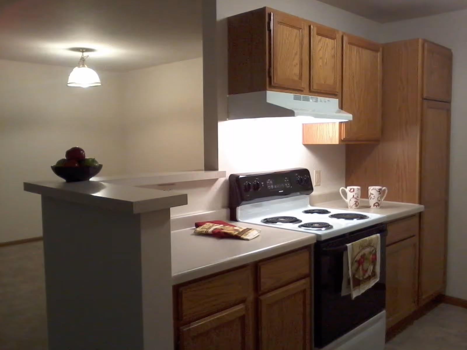 Interior view of a kitchen with wooden cabinets, a white electric stove with a range hood, two mugs on the counter, and a bowl of fruit on a raised counter. The kitchen opens into a dining or living area with a ceiling light fixture.