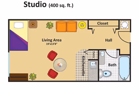 Floor plan of a 400 square foot studio apartment showing a living area with a bed, two chairs around a round table, a kitchenette, a bathroom with a bathtub, toilet, and sink, a closet, and a hall.