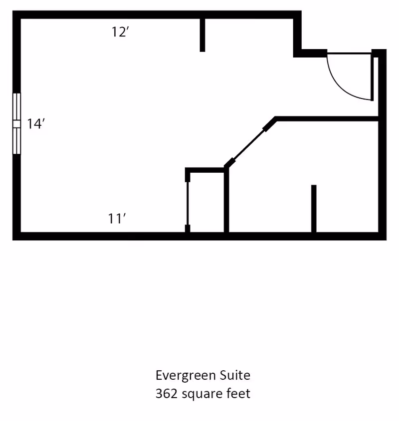 Floor plan layout of the Evergreen Suite at The Waterford at Wisconsin Rapids, showing room dimensions and total area of 362 square feet.