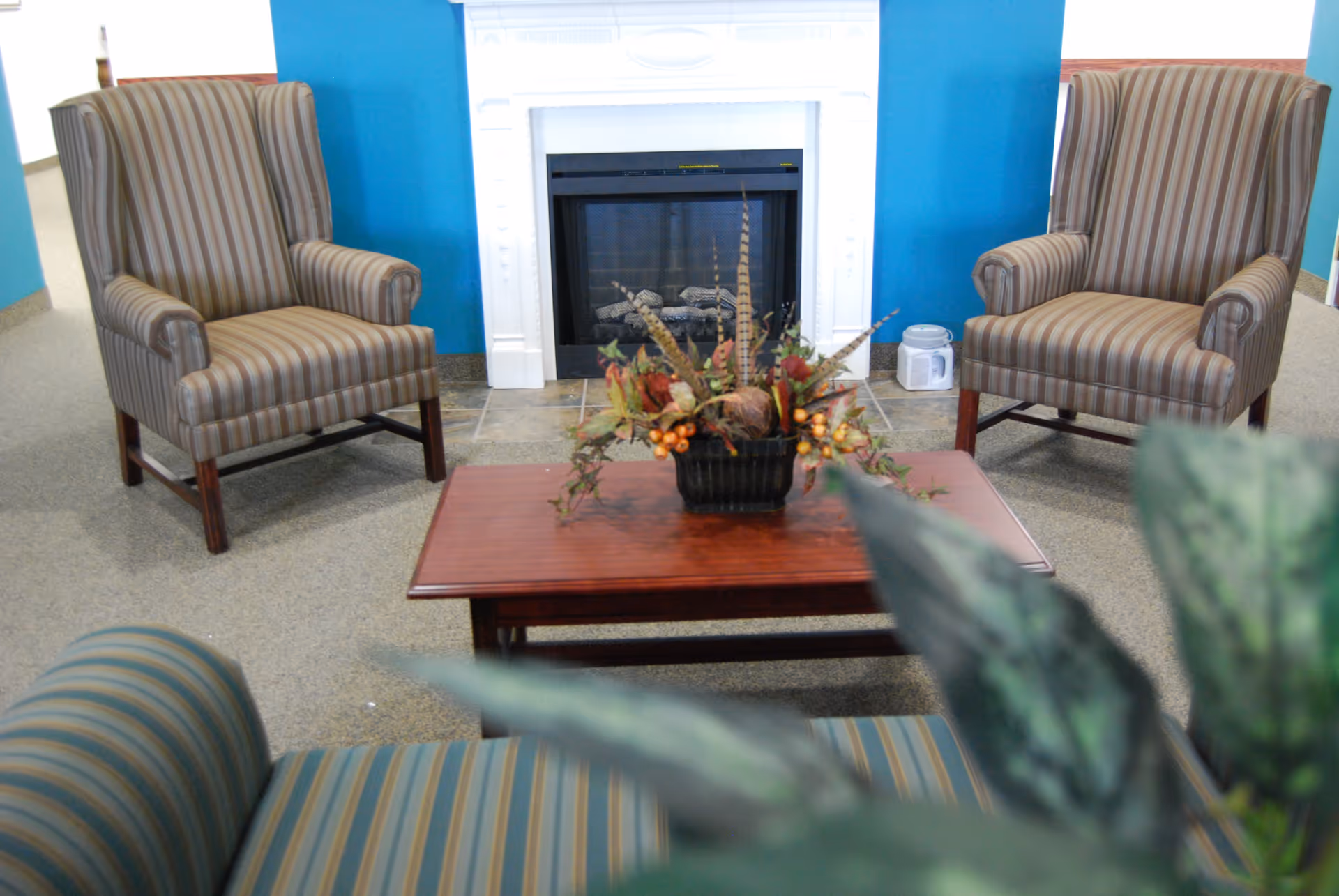 A cozy seating area with two striped armchairs facing a wooden coffee table that holds a decorative floral arrangement. Behind the table is a white fireplace set against a blue wall. Part of a green leafy plant is visible in the foreground.