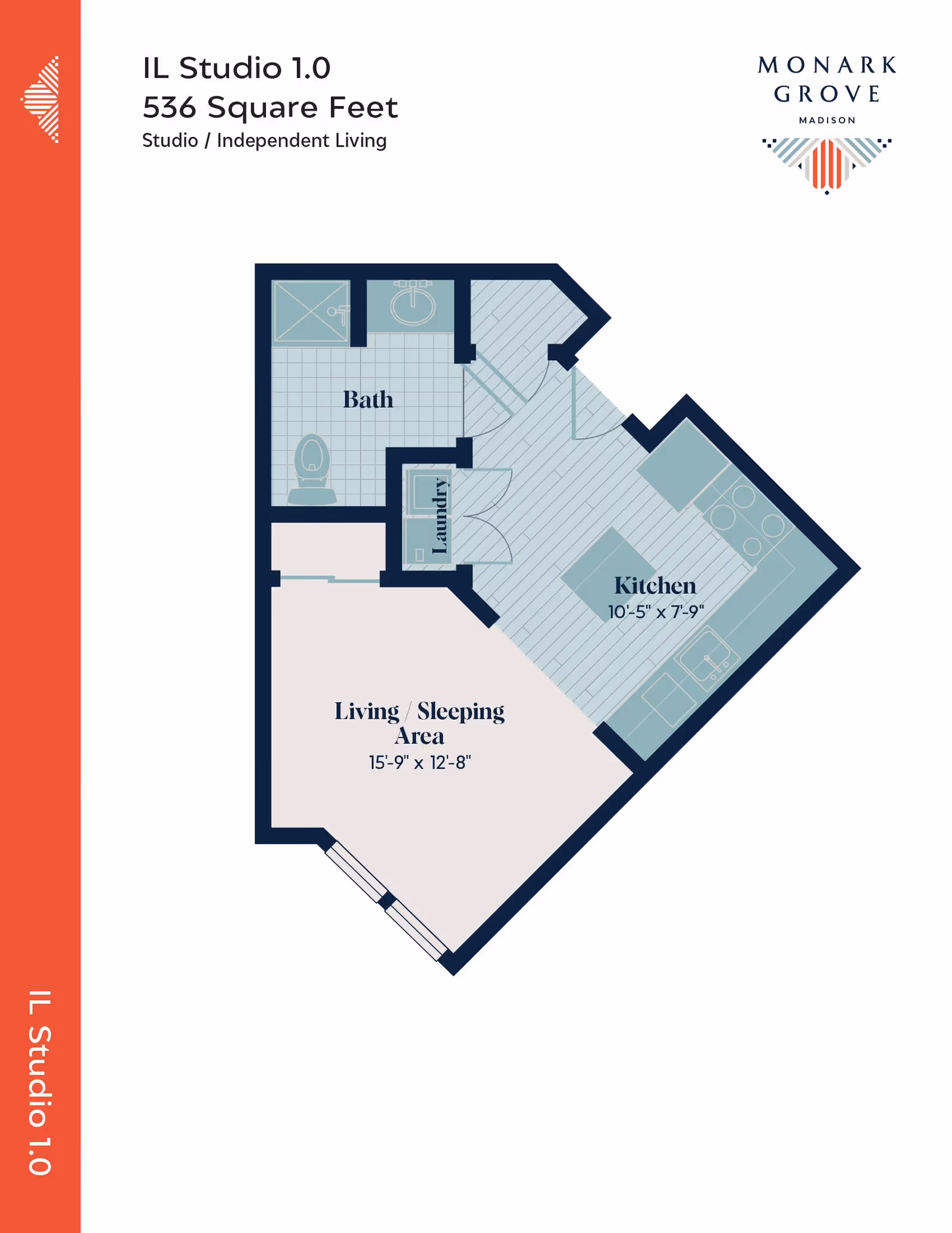 Floor plan of a studio apartment labeled IL Studio 1.0 with 536 square feet, showing a living/sleeping area measuring 15 feet 9 inches by 12 feet 8 inches, a kitchen measuring 10 feet 5 inches by 7 feet 9 inches, a bathroom, and a laundry area. The layout includes doors and fixtures, with the Monark Grove Madison logo in the top right corner and a red vertical banner on the left side.