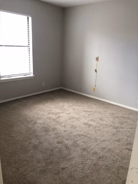 Empty room with beige carpet, light gray walls, a window with blinds on the left wall, and electrical outlets on the right wall.