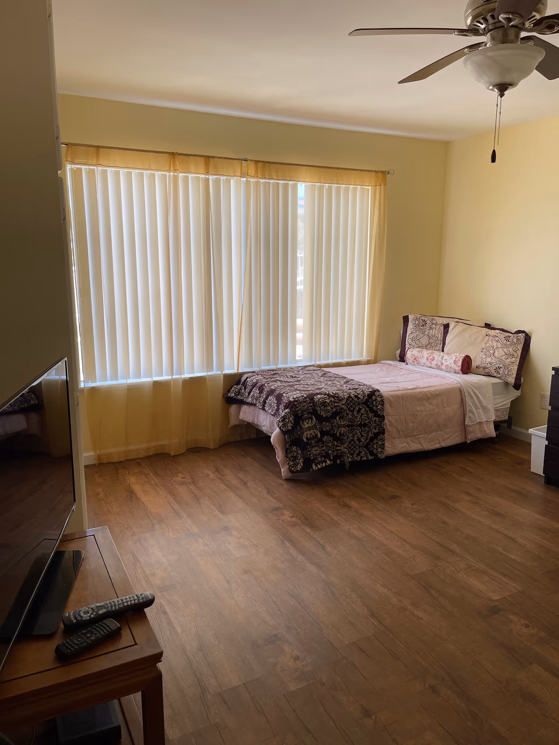Sunlit bedroom with a single bed near vertical blinds, a ceiling fan, TV on a small table, and wood-look flooring.