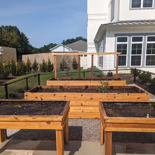 Outdoor garden area with multiple raised wooden planter boxes arranged in rows, surrounded by a black chain-link fence. A white building with large windows is visible on the right side, and trees and shrubs are in the background under a clear blue sky.