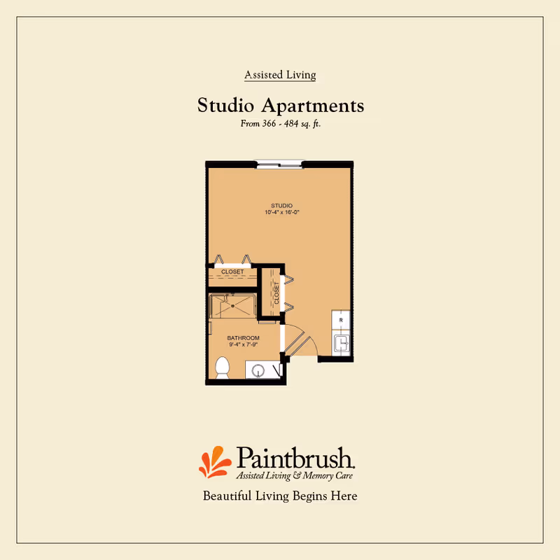 Graphic floor plan of a studio apartment showing a main studio area, bathroom, closets and kitchenette with Paintbrush Assisted Living branding.