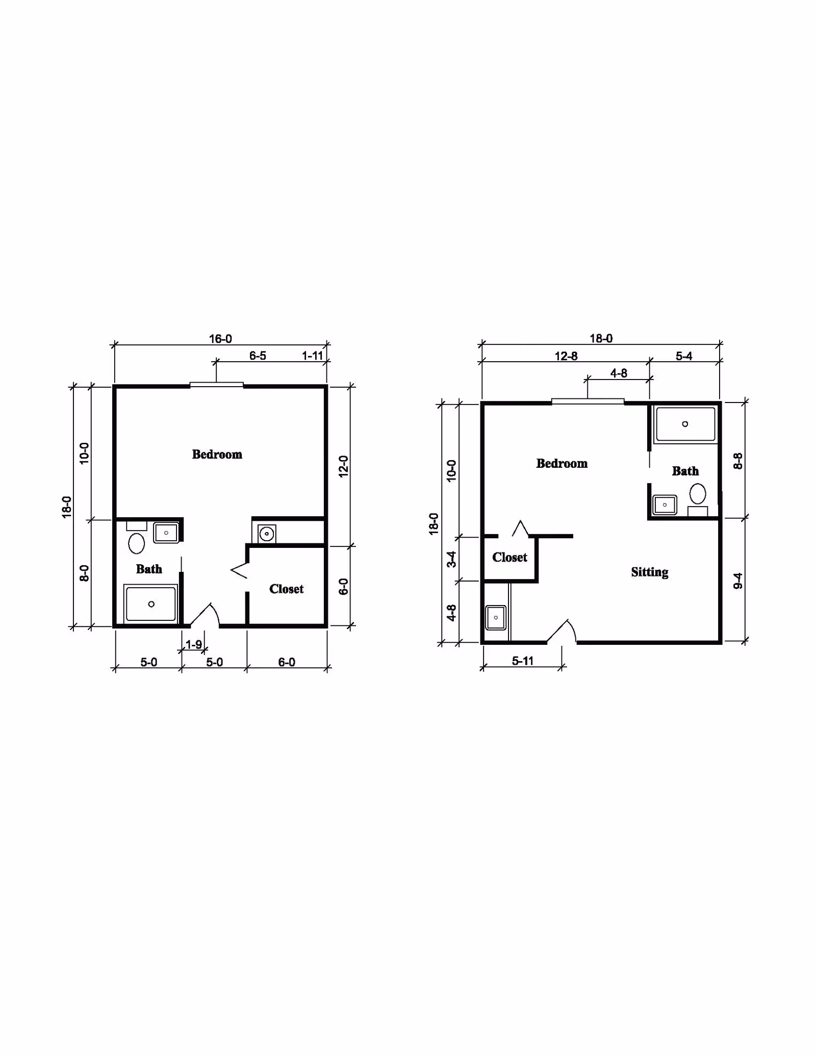 Architectural floor plans showing two different layouts of a living space. Each layout includes a bedroom, bathroom, and closet, with dimensions marked in feet and inches.