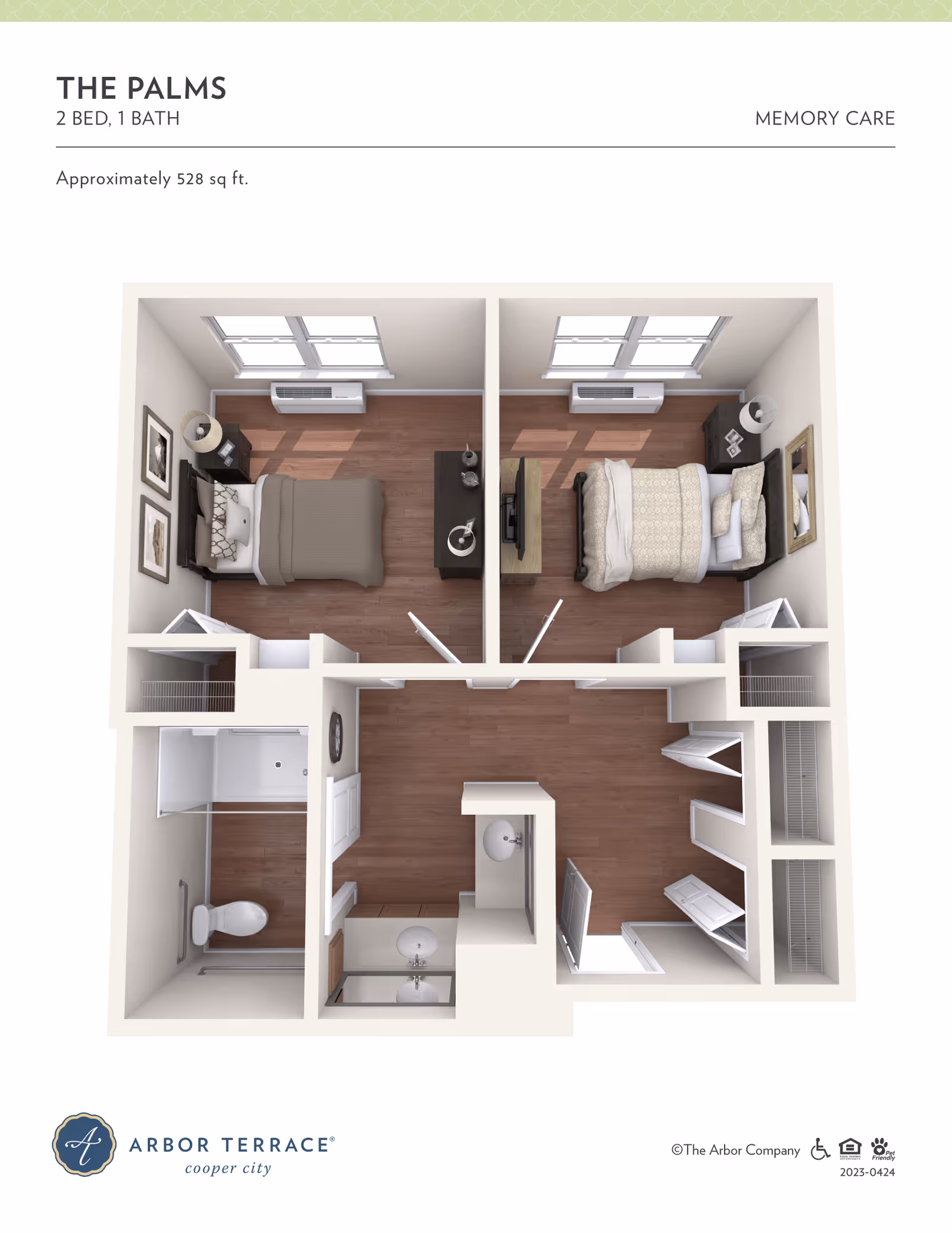 Floor plan of The Palms memory care unit at Arbor Terrace Cooper City, showing a 2 bedroom, 1 bathroom layout with approximately 528 square feet. The plan includes two bedrooms each with a bed, nightstand, and windows, a bathroom with a shower and toilet, a sink area, and closets.