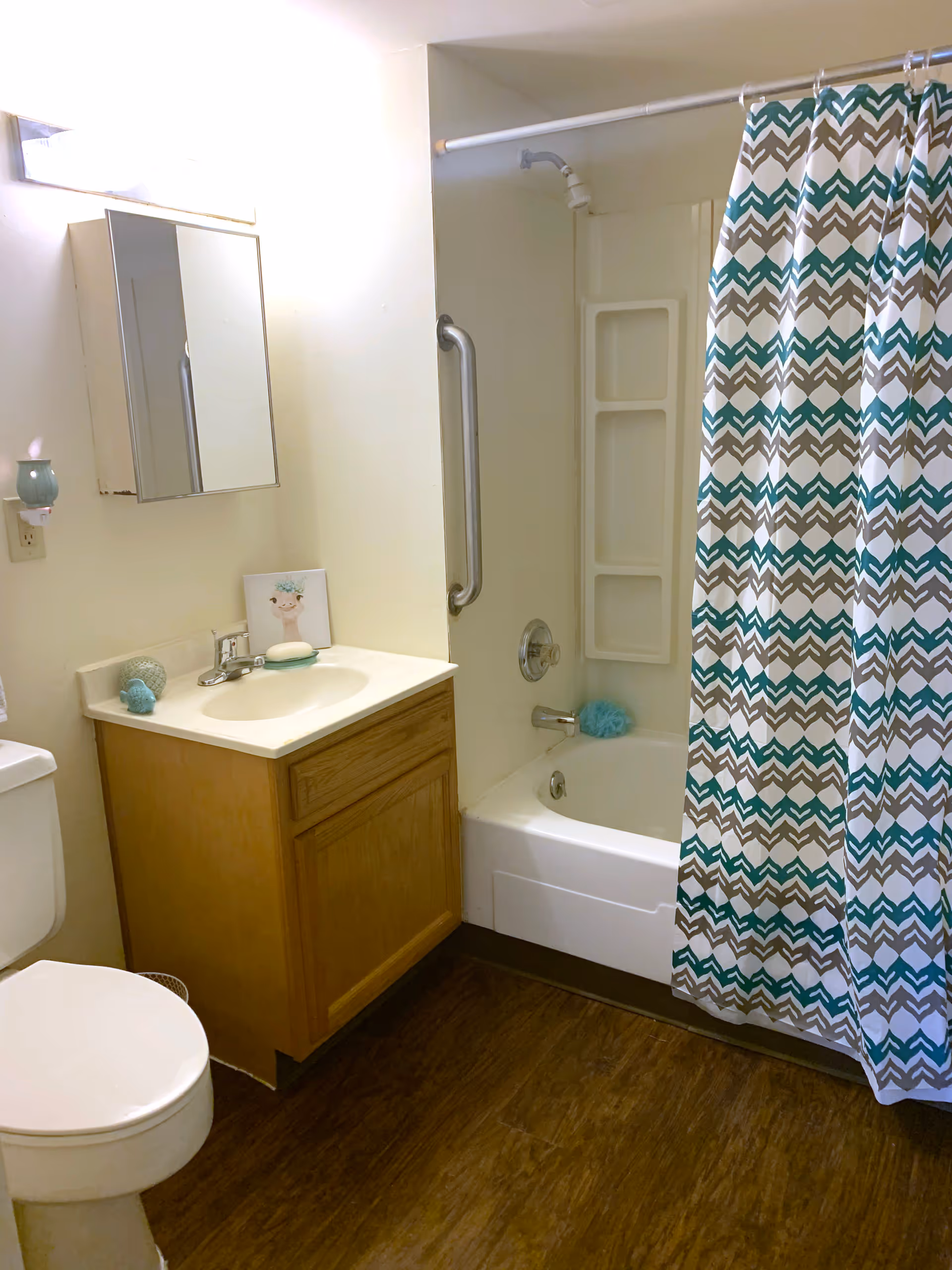A small bathroom with a white toilet, a wooden vanity with a white sink, a mirror cabinet above the sink, and a bathtub with a shower curtain featuring a geometric pattern in teal, brown, and white. The bathroom has light-colored walls and a dark wood floor.