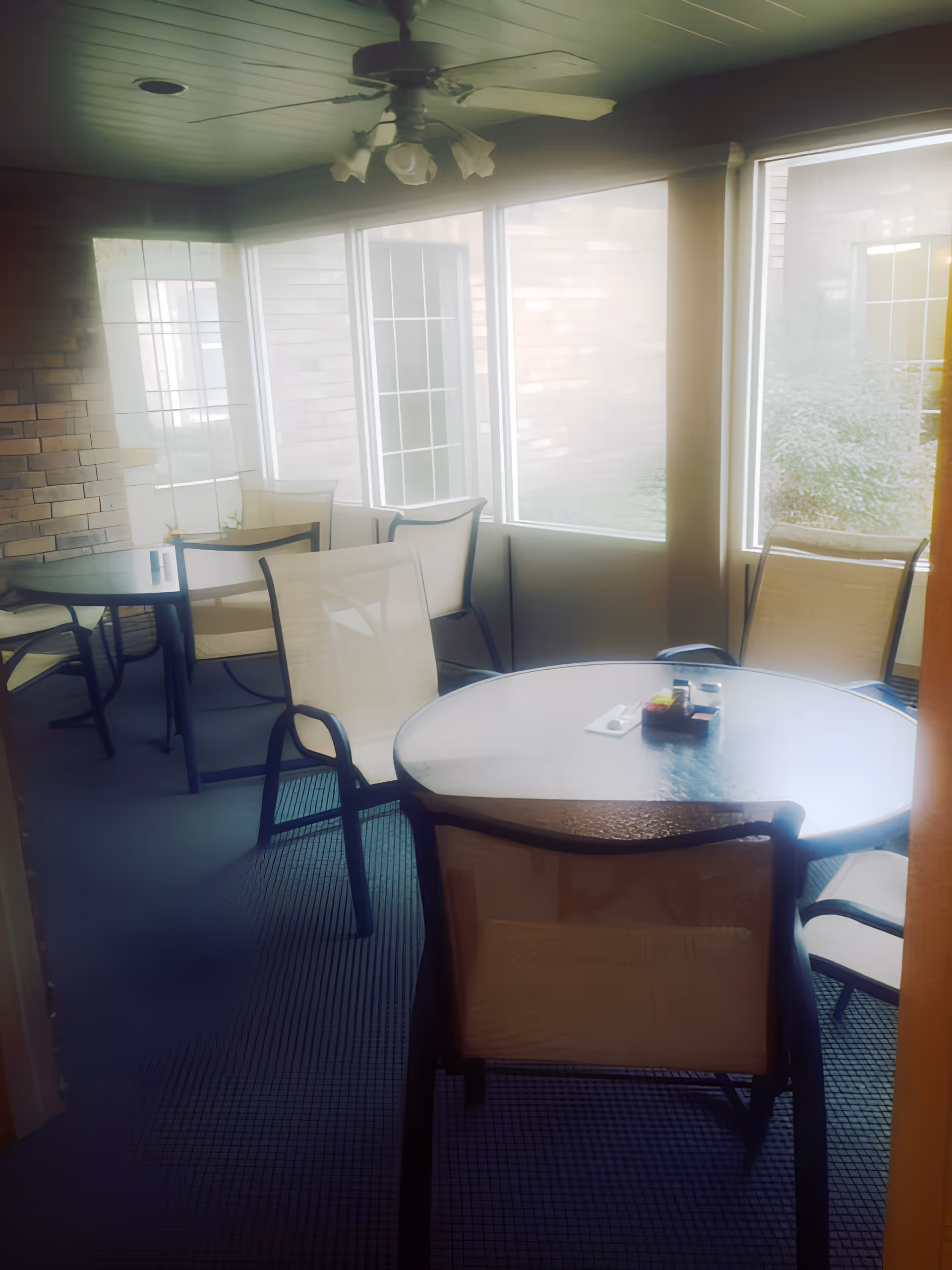 A sunlit indoor seating area with round glass tables and beige mesh chairs. Large windows let in natural light, and a ceiling fan with lights hangs overhead. The walls are partially brick, and the floor is covered with a dark carpet.