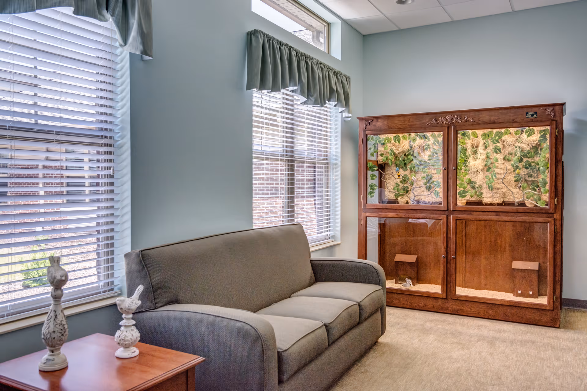 A cozy interior room with a gray upholstered sofa, a wooden side table with decorative bird figurines, two large windows with white blinds and green valances, and a large wooden cabinet with glass doors housing plants and natural decor inside.