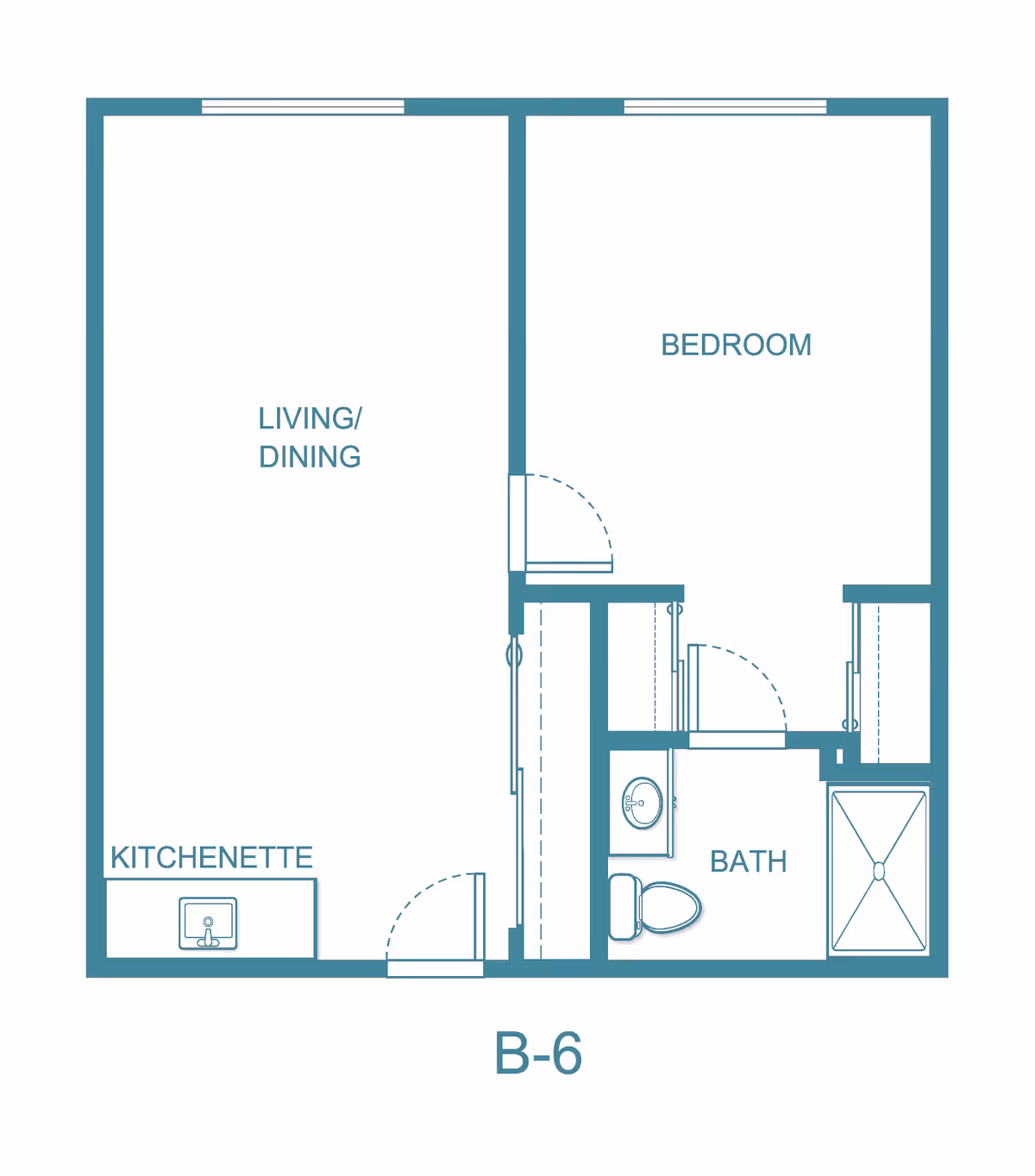 Floor plan labeled B-6 showing a layout with a living/dining area, kitchenette, bedroom, and bathroom with a toilet, sink, and shower.