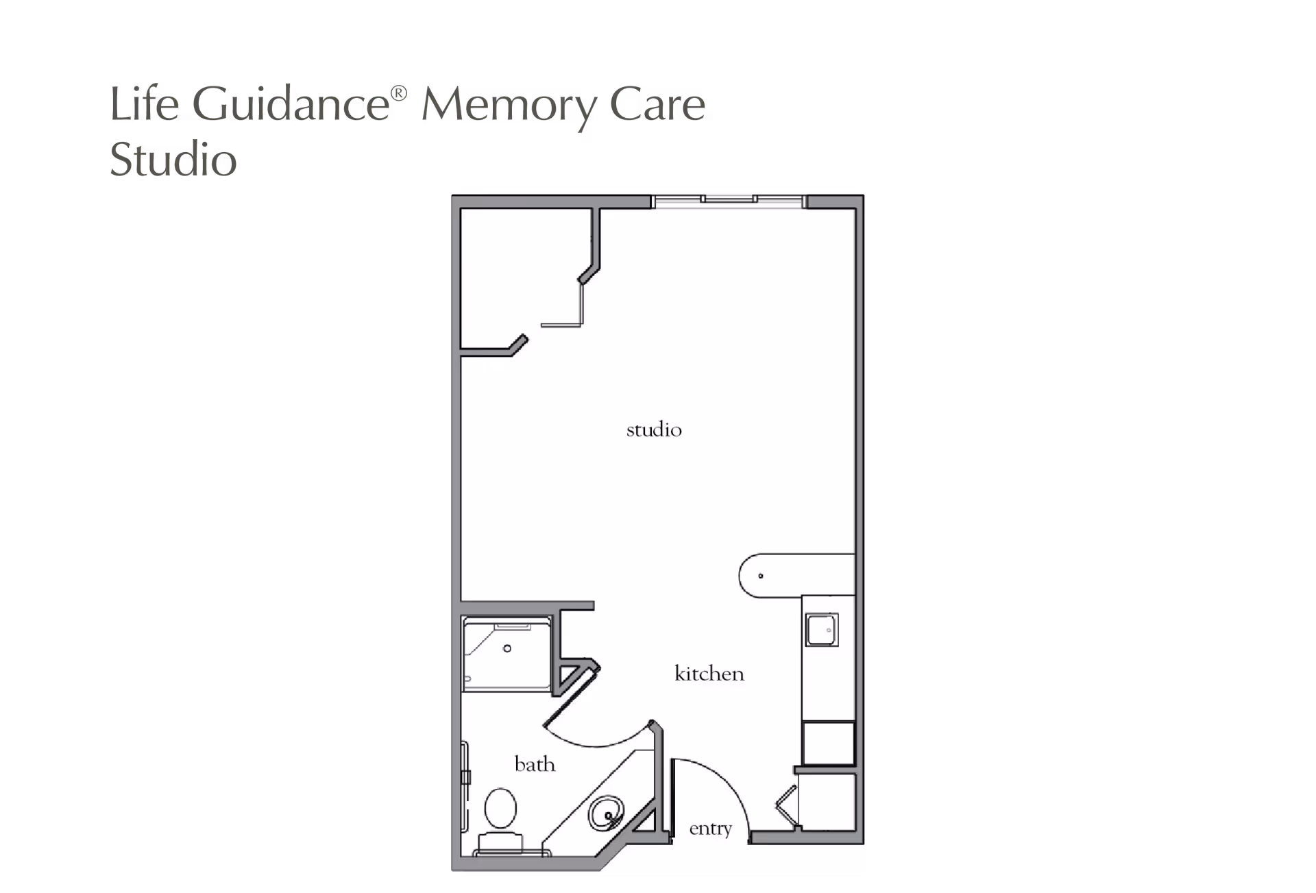 Floor plan of a Life Guidance Memory Care Studio apartment showing a studio area, kitchen, bathroom, and entry.