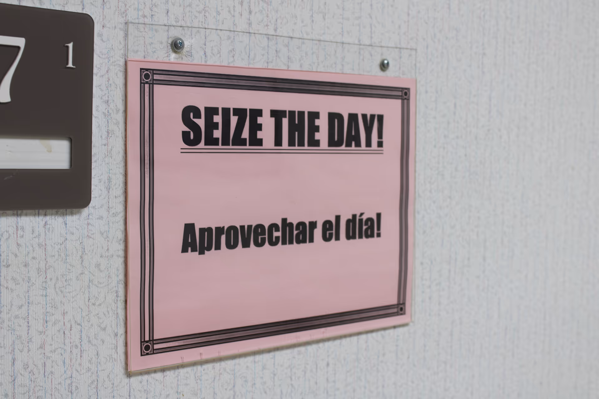 Pink wall sign that reads 'SEIZE THE DAY! / Aprovechar el día!' mounted next to a partial room number plaque in an interior hallway.