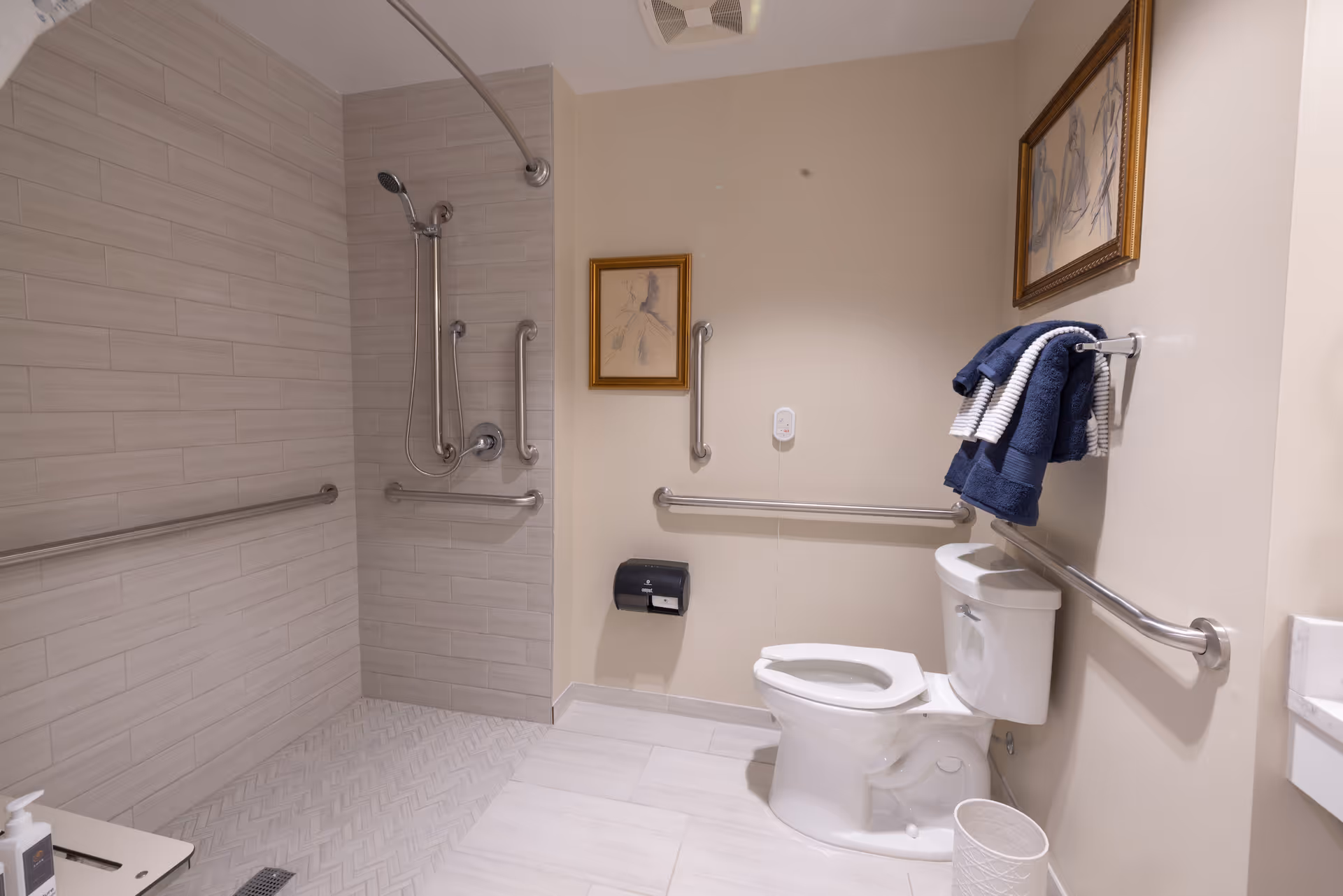 A clean and accessible bathroom with a walk-in shower featuring multiple grab bars and a handheld showerhead. The bathroom also has a toilet with grab bars on both sides, a towel rack with blue and white towels, framed artwork on the walls, a soap dispenser on a small bench, and a wastebasket on the floor.