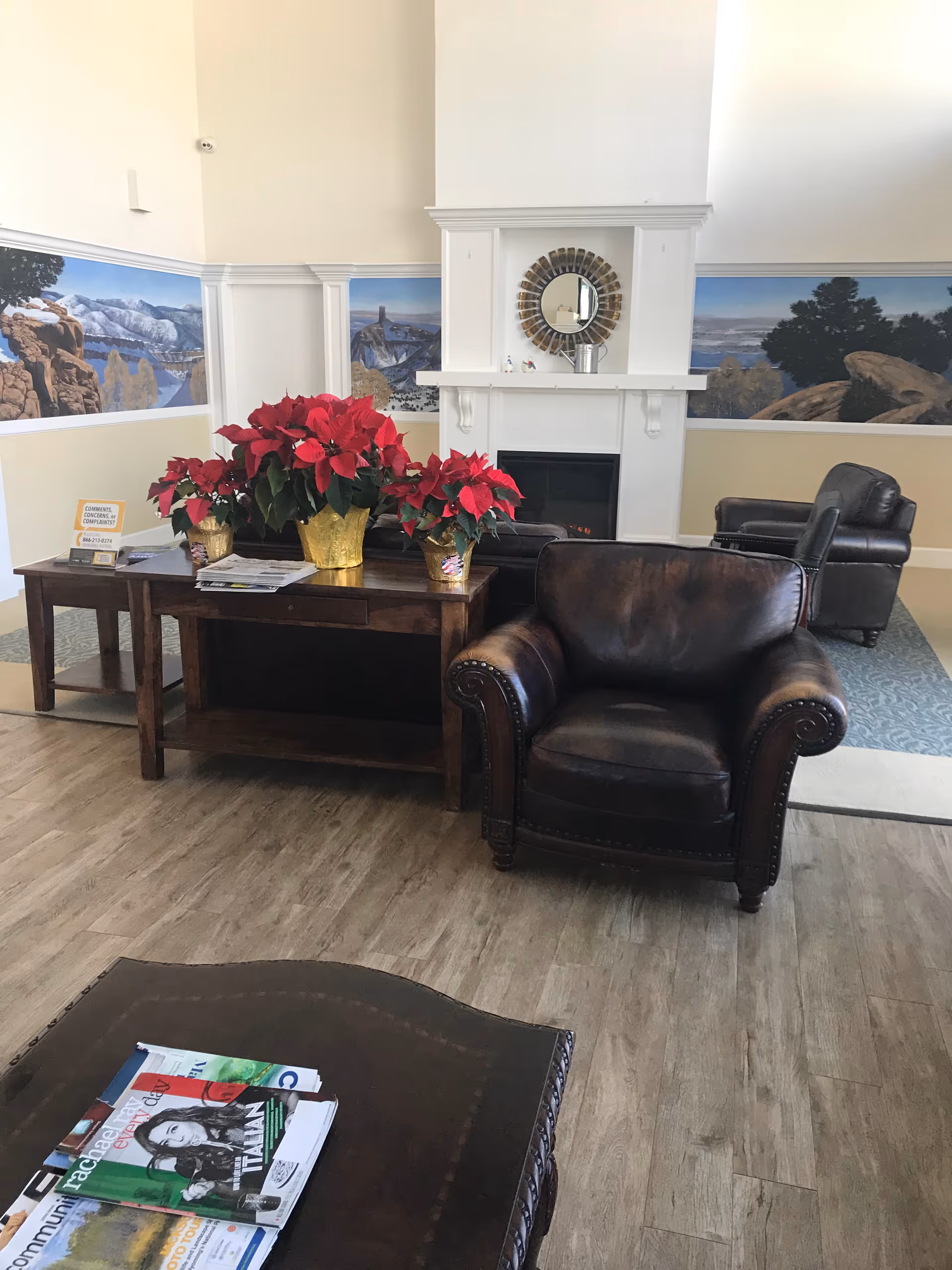 A cozy living room area with a dark brown leather armchair in the foreground and another leather chair in the background. A wooden table behind the armchair holds three pots of red poinsettia plants. The room features a white fireplace with a round decorative mirror above it. The walls have landscape murals depicting rocky and mountainous scenery. The floor is covered with wood-like flooring and a blue patterned rug near the chairs.