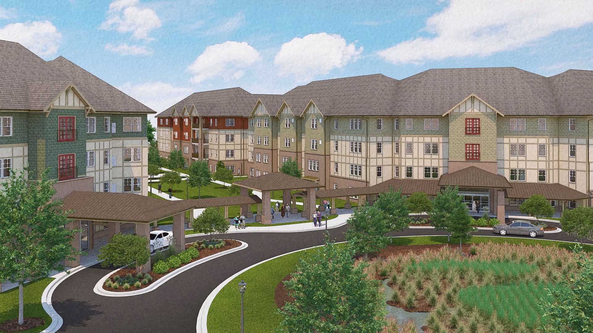 Exterior view of a senior living facility named Givens Gerber Park showing multiple connected buildings with pitched roofs, a covered drop-off area, landscaped greenery, trees, and a circular driveway with cars and people walking.