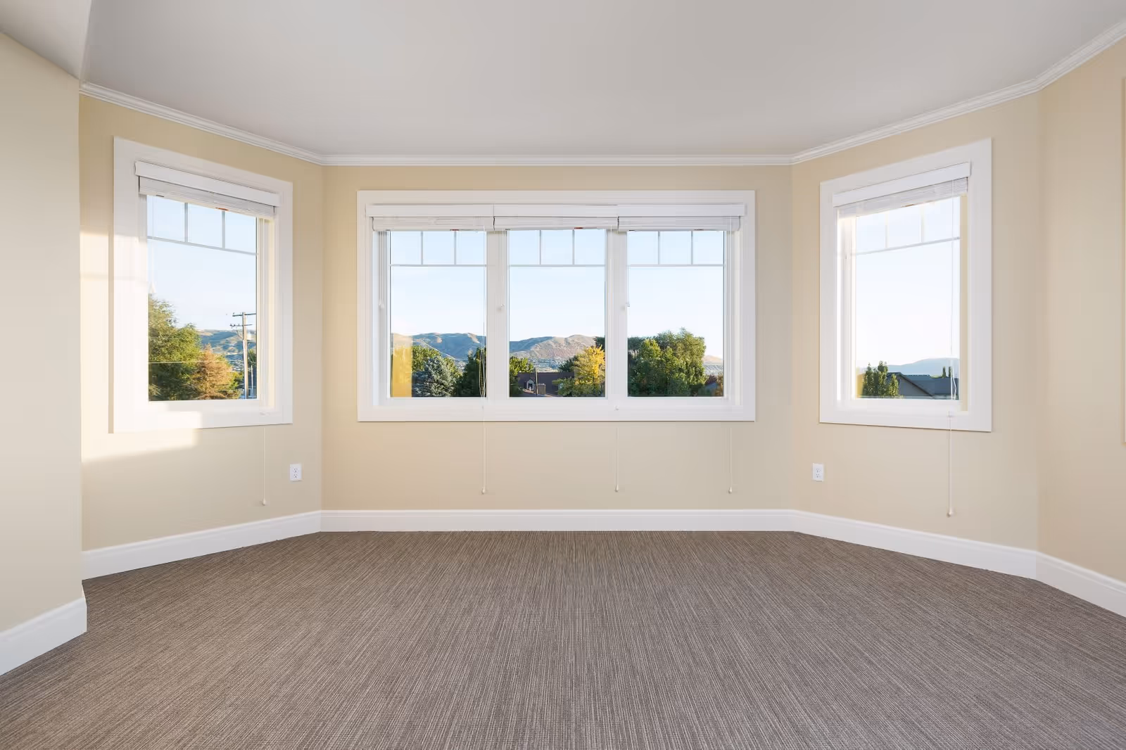 Empty room with beige walls and carpeted floor featuring five large windows with white blinds, offering a view of trees and distant mountains under a clear sky.