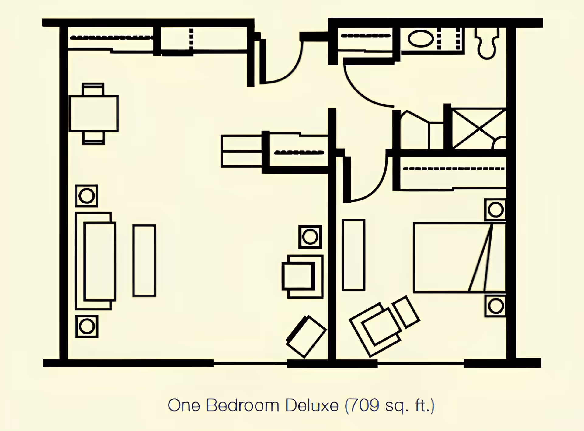 Floor plan of a one-bedroom deluxe apartment with 709 square feet, showing a living room with sofa and chairs, a dining area, a bedroom with a bed and seating, a bathroom with a toilet and shower, and closets.