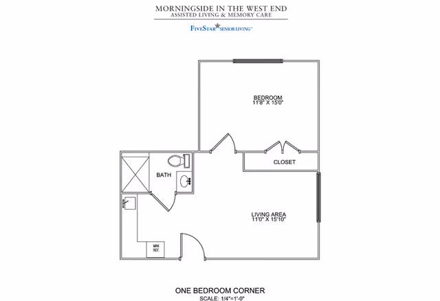 Floor plan of a one-bedroom corner apartment at Morningside in the West End, showing a bedroom measuring 11'8" by 15'0", a living area measuring 11'0" by 15'10", a bathroom, a closet, and a kitchenette area with a mini refrigerator.