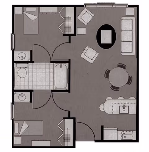 Floor plan of a residential unit showing two bedrooms, one bathroom, and a combined living, dining, and kitchen area. The living area includes a sofa, two chairs, and a coffee table. The dining area has a round table with four chairs. The kitchen features a counter with a sink and appliances. Each bedroom contains a bed and a small nightstand. The bathroom includes a bathtub, toilet, and sink.