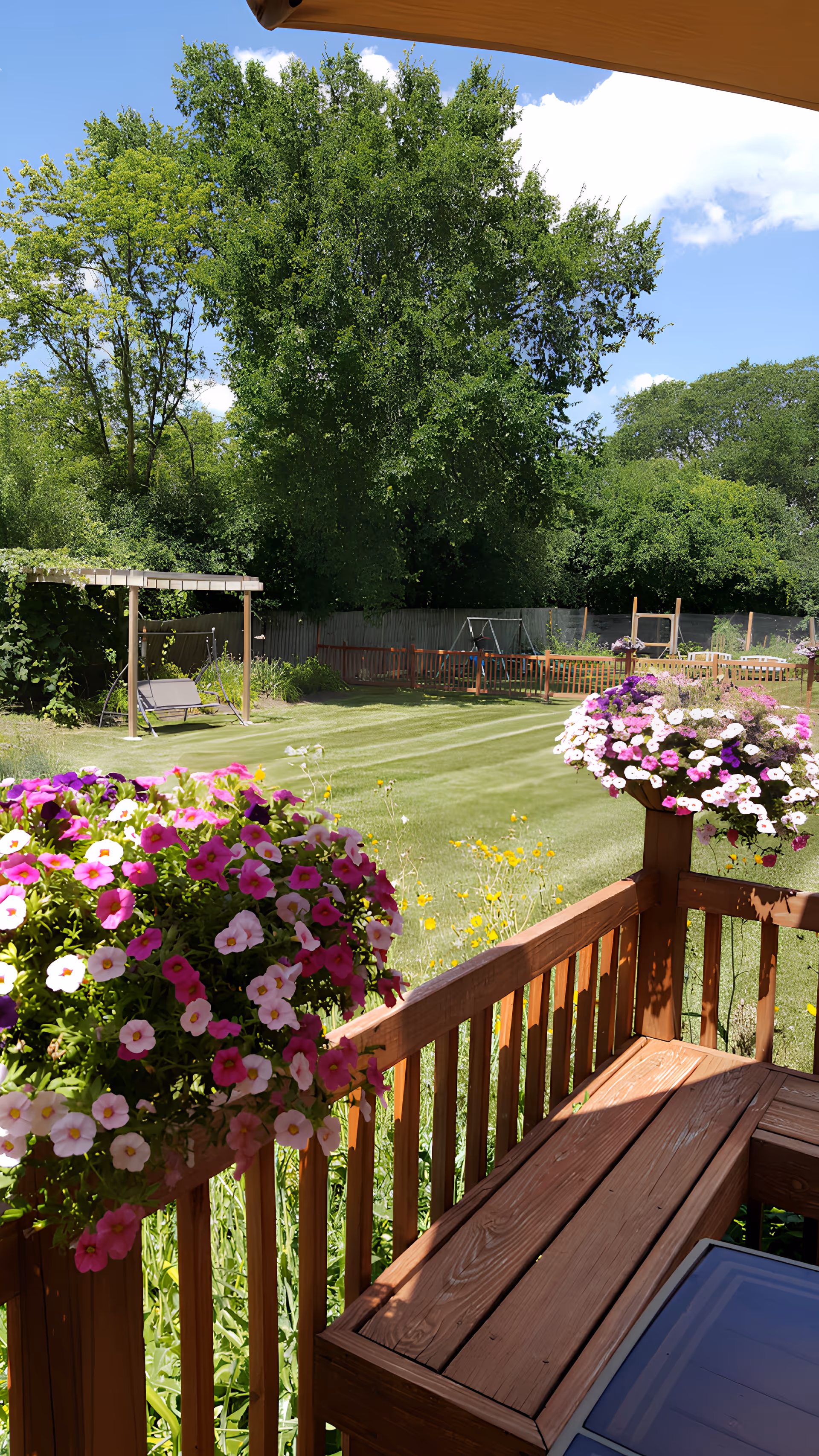 View of a peaceful outdoor garden area with a wooden deck featuring flower pots filled with pink and white petunias. The garden has a well-maintained lawn, a wooden swing set, and large green trees in the background under a blue sky with some clouds.