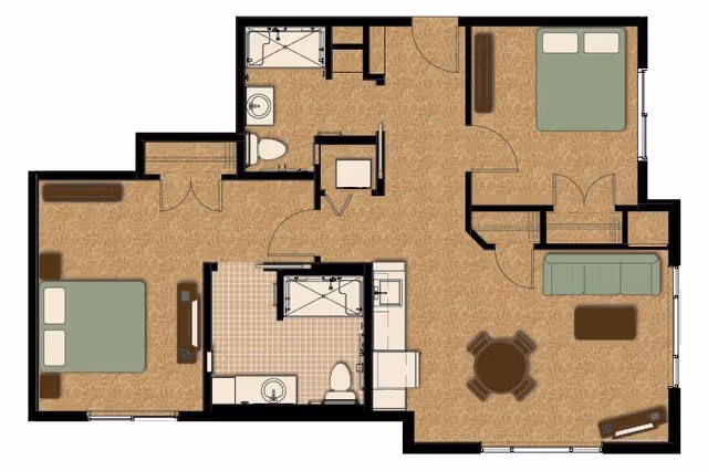 Floor plan of a residential unit showing two bedrooms, two bathrooms, a kitchen, and a living room area with furniture layout.