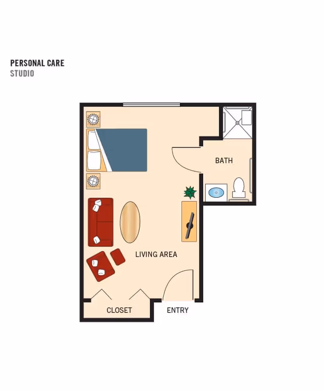 Floor plan of a personal care studio apartment at Blue Bell Place showing a living area with a bed, two nightstands, a sofa, an armchair with an ottoman, a coffee table, a TV on a stand, a closet near the entry, and a bathroom with a shower, toilet, and sink.