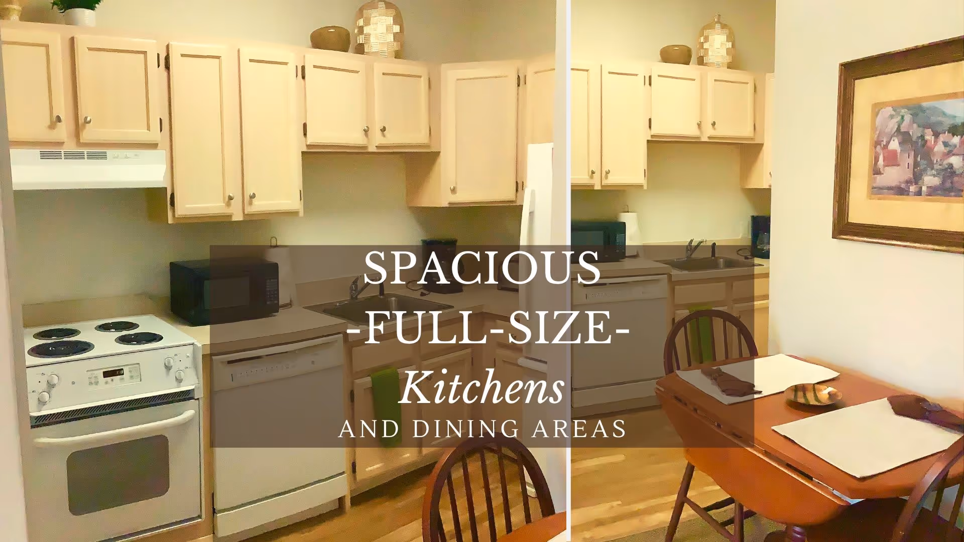 A spacious kitchen and dining area featuring light wood cabinets, a white electric stove, dishwasher, microwave, and refrigerator. The dining area has a wooden table set with placemats and napkins, and a framed painting hangs on the wall.