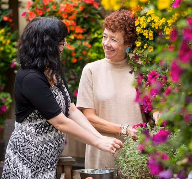 Two women standing and smiling while tending to colorful flowers in a garden setting with vibrant pink, yellow, and orange blooms surrounding them.