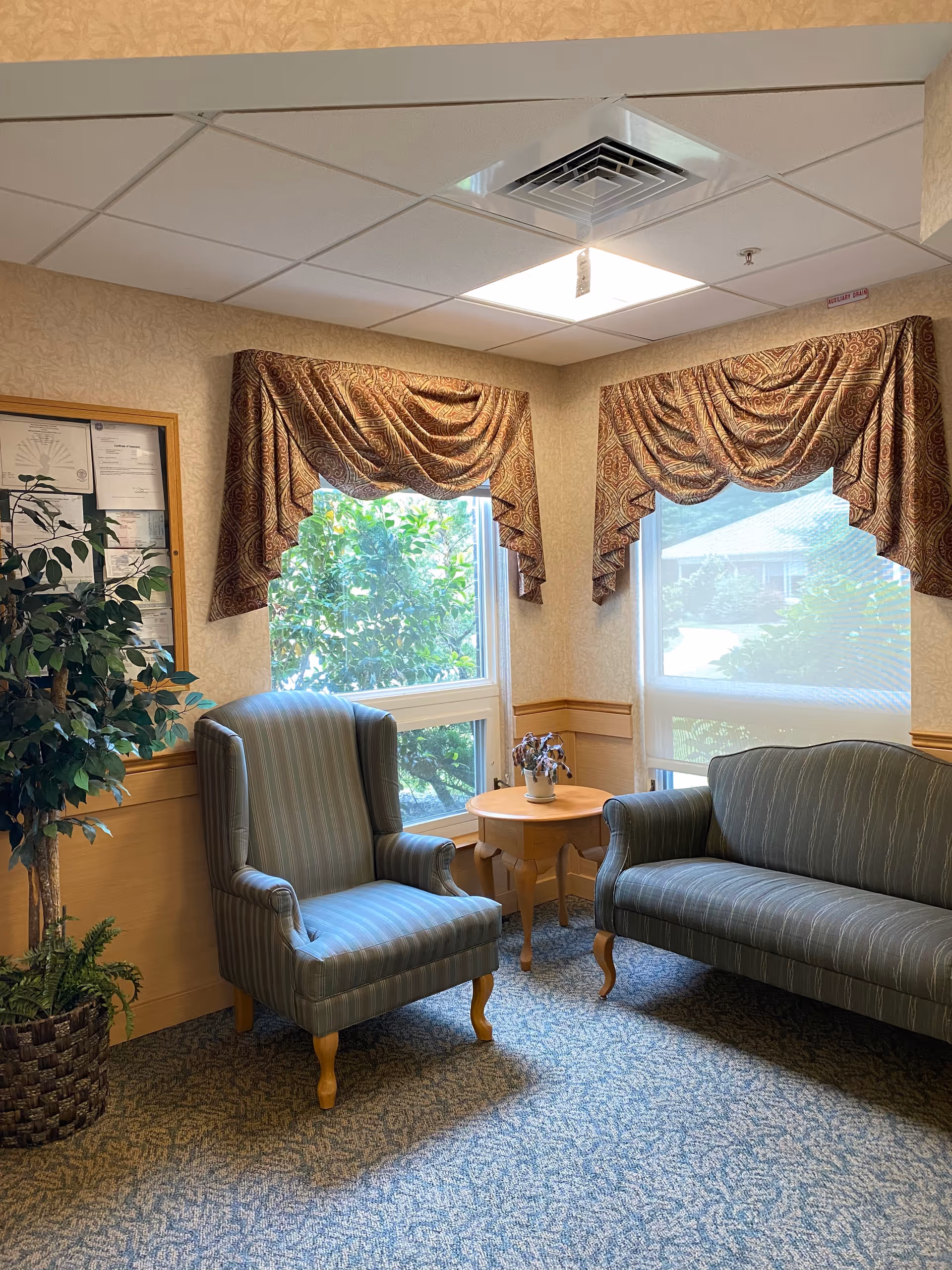 A cozy sitting area in a senior living facility with a striped armchair and matching loveseat, a small wooden side table with a potted plant, two large windows with patterned valances, a bulletin board on the wall, and a potted artificial plant in the corner.