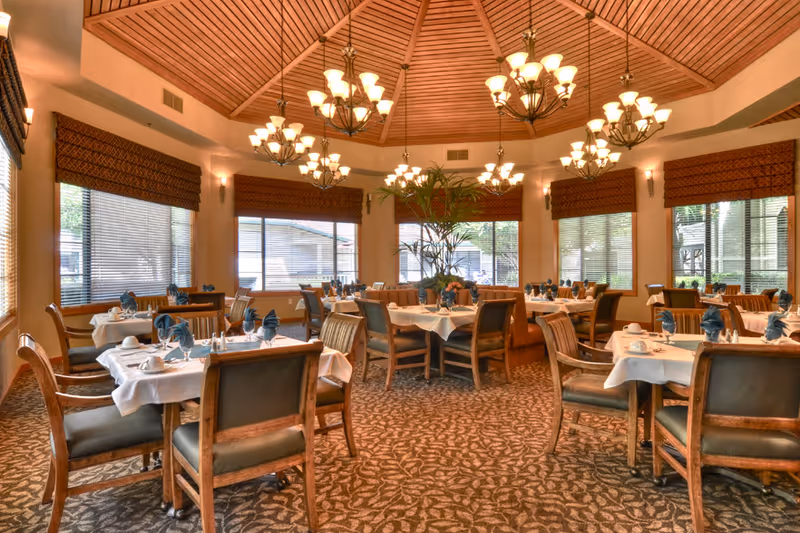 A spacious dining room with multiple tables covered in white tablecloths, each set with blue folded napkins, cups, and silverware. The room features large windows with brown blinds, a patterned carpet, wooden chairs with cushioned seats, and a high wooden ceiling with multiple chandeliers providing warm lighting. There is a large plant in the center of the room.