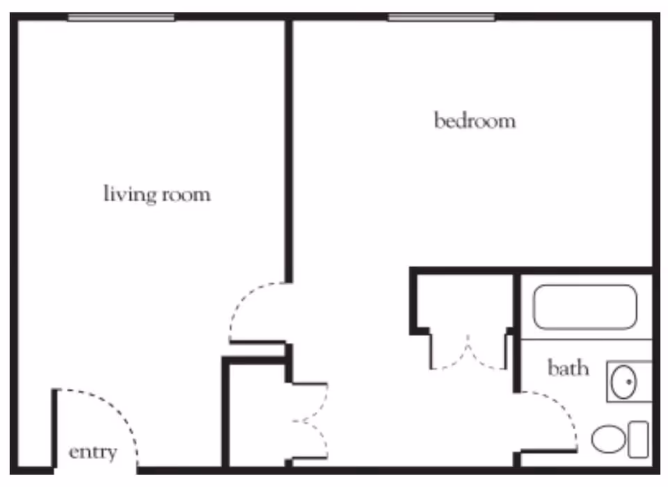 Floor plan layout showing an entry leading into a living room, adjacent to a bedroom, with a bathroom connected to the bedroom.