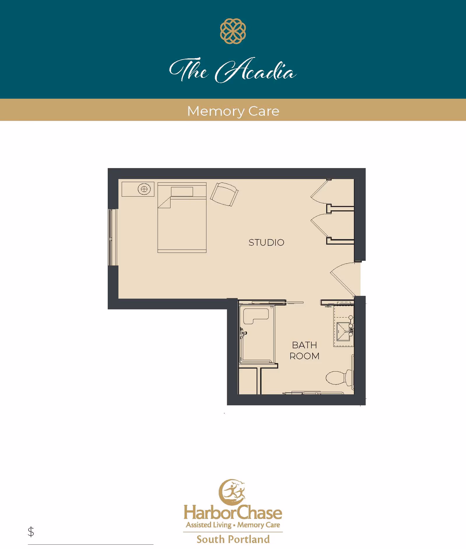 Floor plan layout of a memory care studio apartment at HarborChase South Portland, showing a studio area with a bed and chair, and a separate bathroom with a shower, sink, and toilet.