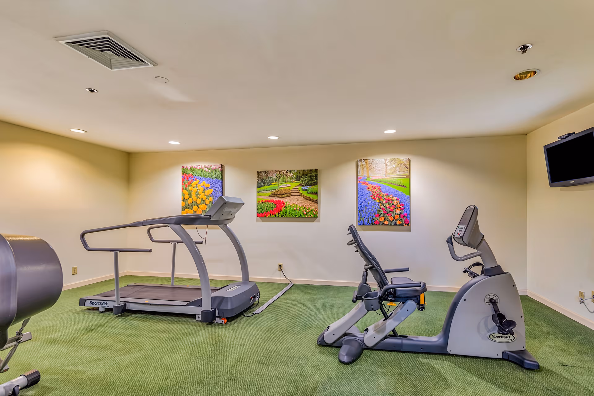 A small fitness room with green carpet featuring a treadmill and a recumbent exercise bike. The walls are light-colored and decorated with three framed pictures of colorful flower gardens. A flat-screen TV is mounted on the wall to the right.