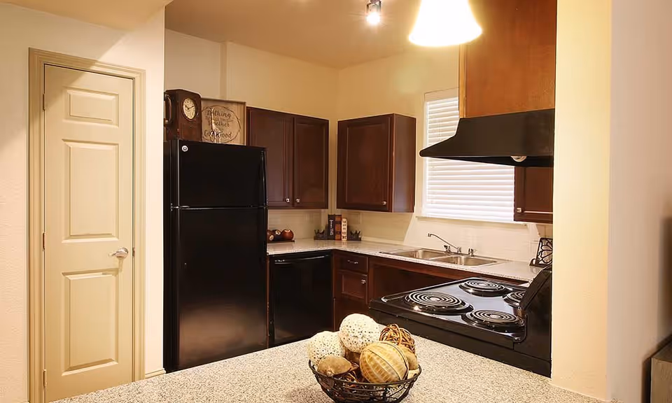 A modern kitchen with dark wood cabinets, a black refrigerator, black electric stove with coil burners, a double sink under a window with blinds, and a granite countertop with a decorative bowl of assorted natural elements.