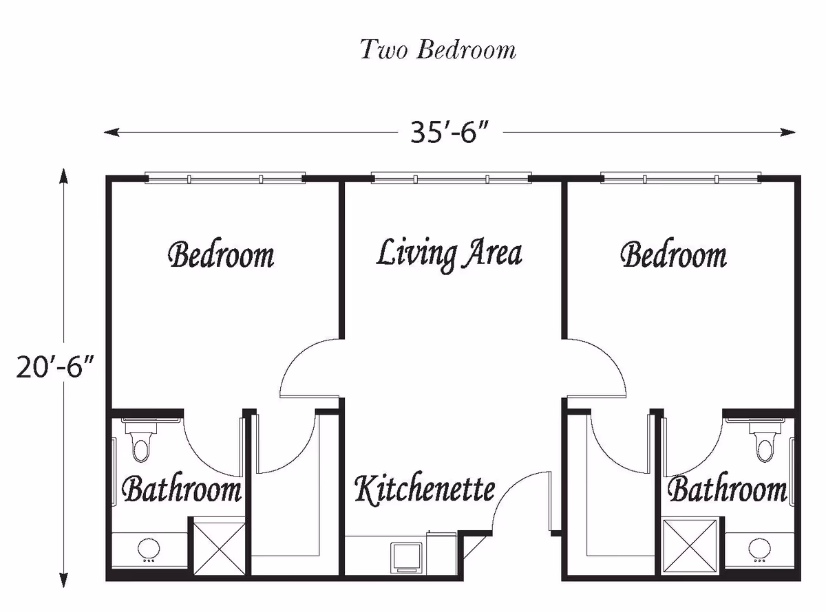 Floor plan of a two-bedroom unit showing two bedrooms, two bathrooms, a living area, and a kitchenette with dimensions 35 feet 6 inches by 20 feet 6 inches.