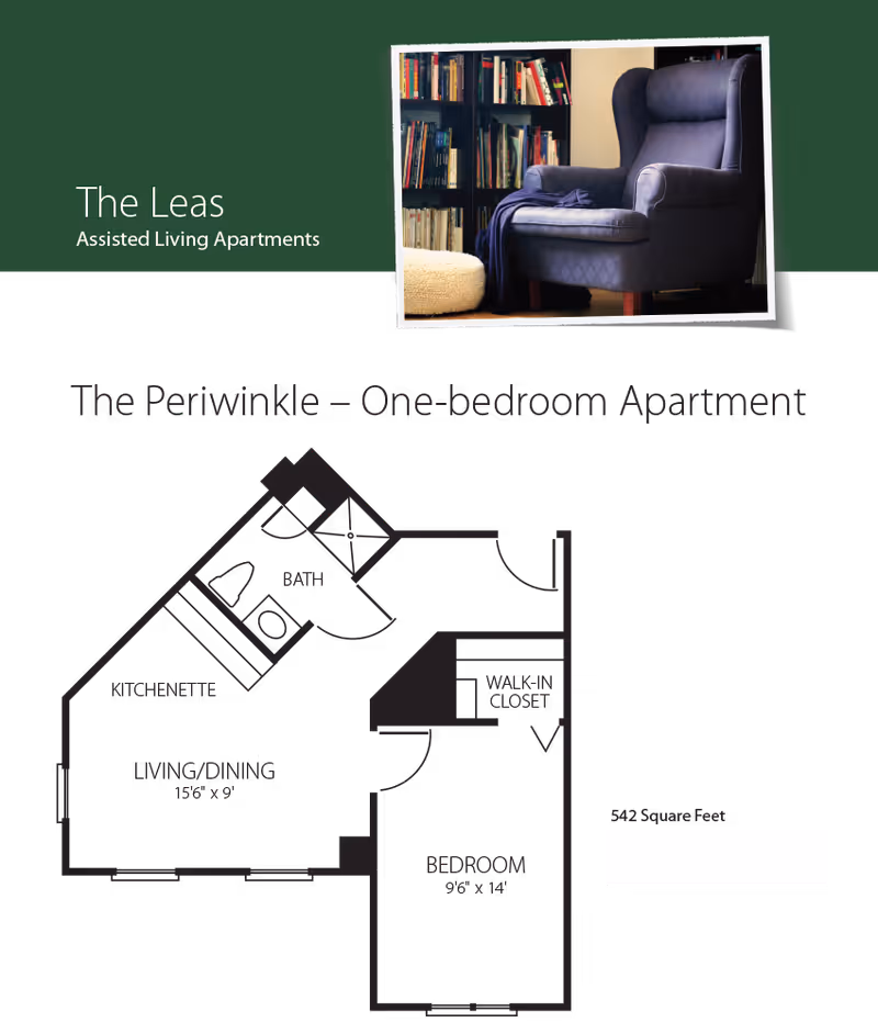 One-bedroom apartment floor plan under the title 'The Leas Assisted Living Apartments' with an inset photo of a blue armchair and bookshelf.